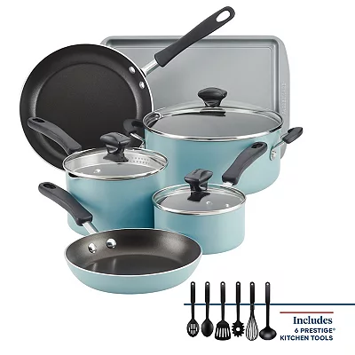 A turquoise-colored 15-piece Farberware cookware set, including pots, pans, lids, and six black kitchen utensils.
