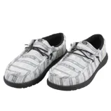 Gray slip-on shoes with black soles and patterned fabric design, featuring elastic laces and fur-lined interiors.