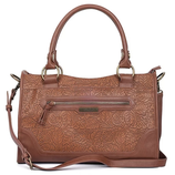 A brown leather handbag with floral embossing, featuring dual handles and an adjustable shoulder strap. It has a front zippered pocket with brass hardware accents.