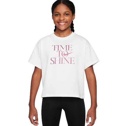 A young person wears a white t-shirt with \“TIME TO SHINE\“ printed in pink, paired with black leggings.