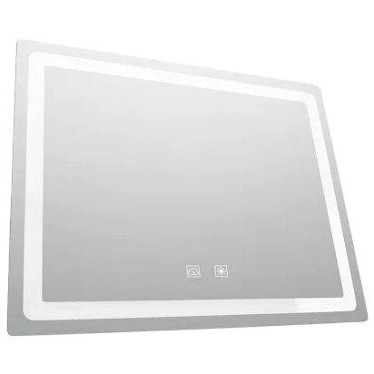 Rectangular LED mirror with built-in touch controls and a light strip border.