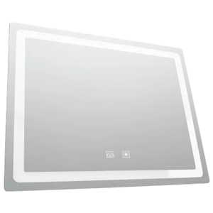 Rectangular LED mirror with built-in touch controls and a light strip border.