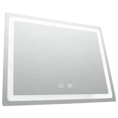 Rectangular LED mirror with built-in touch controls and a light strip border.