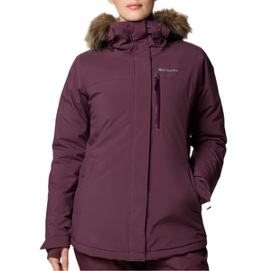 The Columbia Ava Alpine Insulated Jacket is a purple women's winter coat featuring a faux fur-trimmed hood and multiple pockets, designed for warmth and comfort in cold weather.