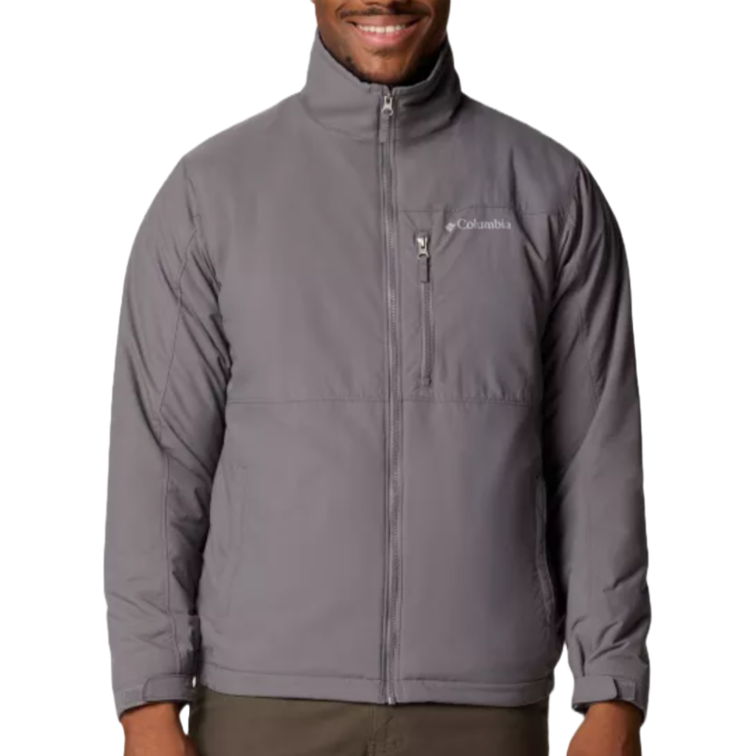 A gray Columbia jacket with a front zipper and a chest pocket, worn by a person.