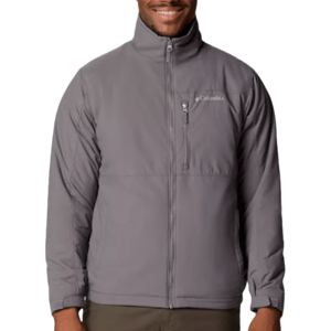 A gray Columbia jacket with a front zipper and a chest pocket, worn by a person.