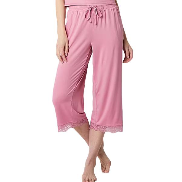 Pink women's capri lounge pants with an elastic waistband, drawstring tie, and lace trim at the hem.