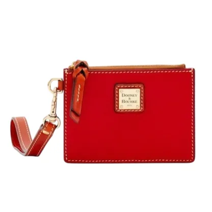 A red Dooney & Bourke wristlet with a detachable strap and gold hardware, featuring a logo plaque on the front.