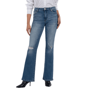 Nadia High Rise Flare Jeans feature a medium-blue wash with slight distressing at the knees, a high waist, and a flared leg. Paired with black pointed-toe heels, they offer a stylish, casual look.