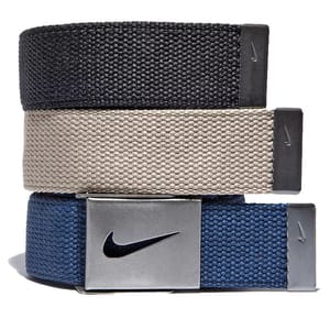 Three Nike belts in black, beige, and blue, featuring metal buckles with the Nike logo. They are stacked horizontally, showcasing their woven texture and sleek design.