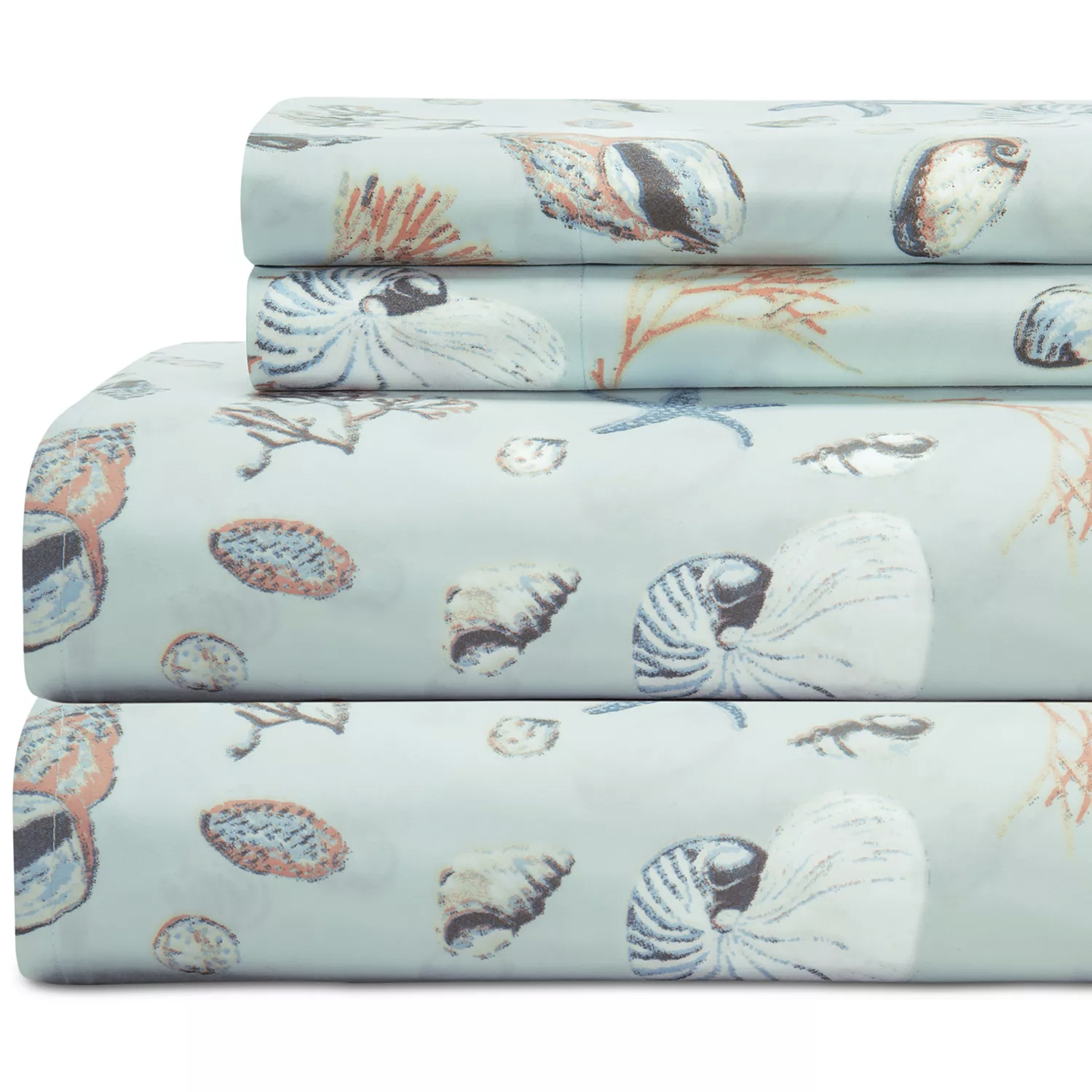 A set of bed sheets with a seashell and marine life pattern on a light background.