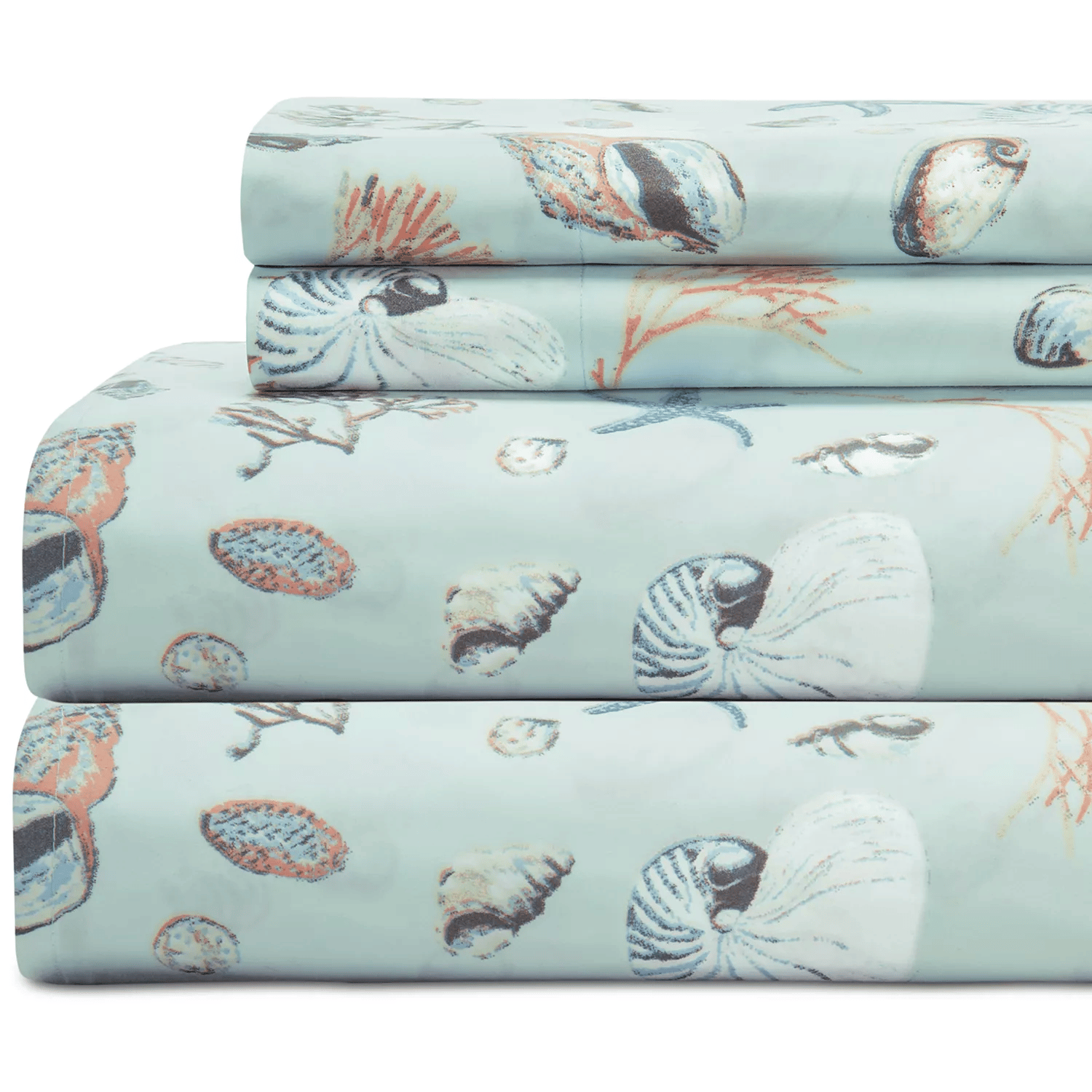 A set of bed sheets with a seashell and marine life pattern on a light background.