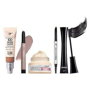 Five makeup items: CC cream, lip color, moisturizing cream, eyebrow pencil, and mascara.