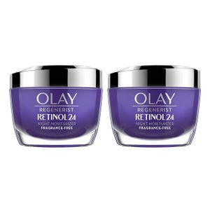 Olay Regenerist Retinol24 Night Moisturizer, 2-pack, features fragrance-free night creams designed to hydrate and improve skin texture with retinol.