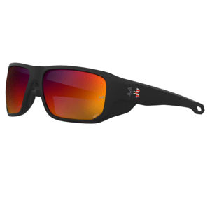 Black wraparound sunglasses with orange-red mirrored lenses, featuring a small logo on the temple.