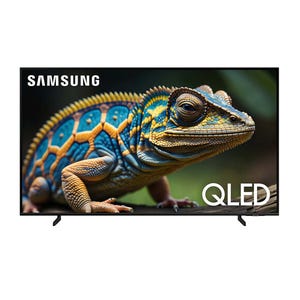 Samsung QLED TV displaying a vivid image of a colorful lizard.