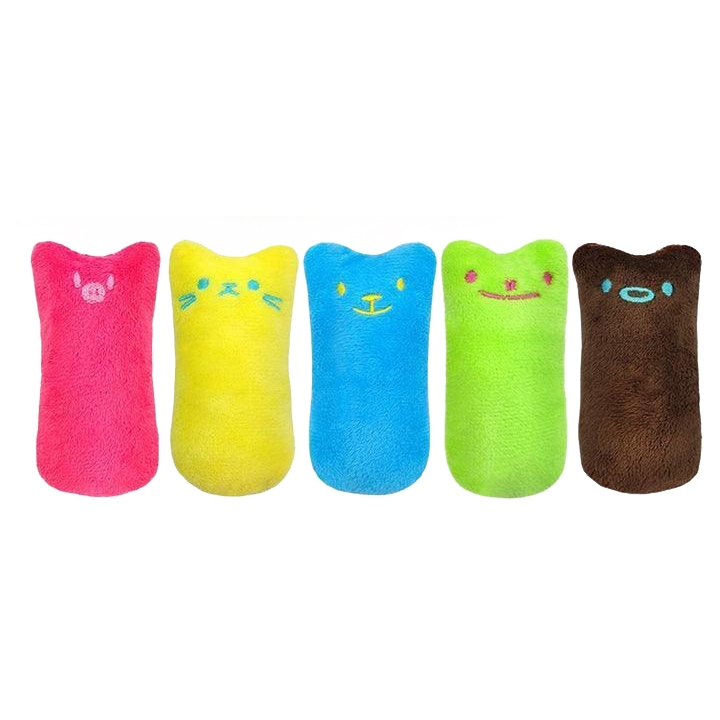 Colorful plush toys in the shape of cartoon animals, featuring a pink pig, yellow cat, blue dog, green frog, and brown bear. Each has a simple embroidered face.