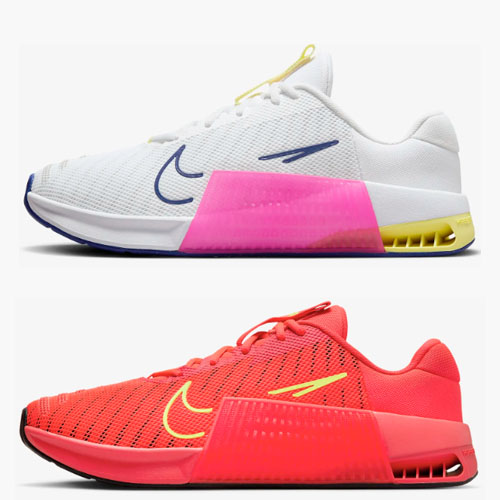 Two pairs of Nike running shoes, one white with pink and yellow accents, and the other in bright red with a yellow swoosh logo.