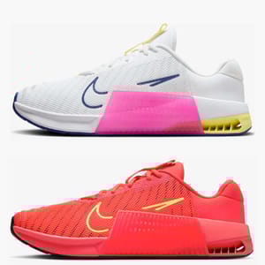 Two pairs of Nike running shoes, one white with pink and yellow accents, and the other in bright red with a yellow swoosh logo.