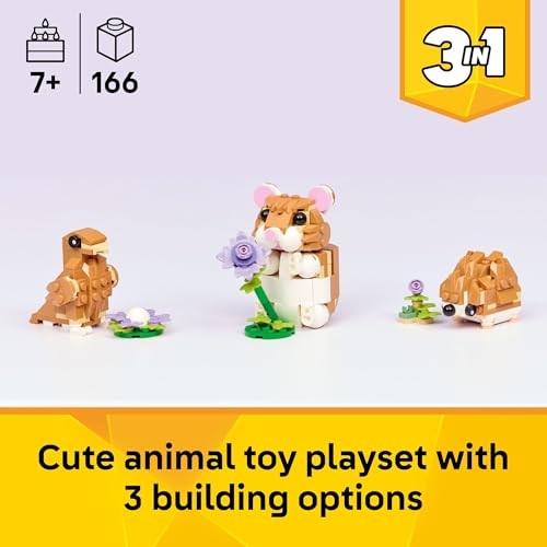 Cute animal toy playset with 166 pieces, suitable for ages 7 and up, offering 3 building options: a hamster, a brown bird, and a brown hedgehog.