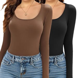 Two long-sleeve ribbed tops in brown and black, paired with blue jeans.