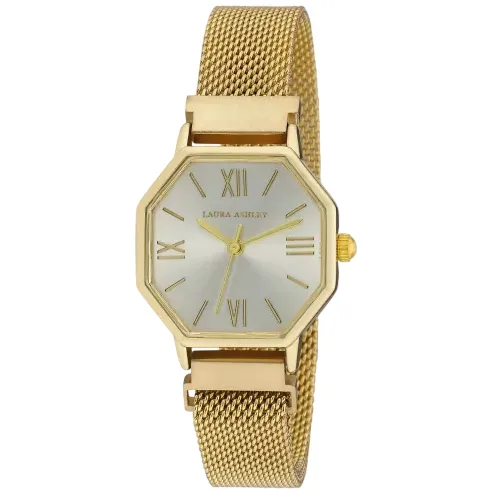 A gold-tone watch with a hexagonal case, Roman numeral markers, and a mesh strap, displaying the brand name \“Laura Ashley\“ on the face.