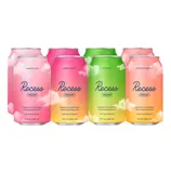 Cans of Recess Mood sparkling water in four flavors: strawberry rose, raspberry lemon, lime citrus, and grapefruit tangerine. Each can is 12 fl oz (355 ml) and infused with magnesium and adaptogens.
