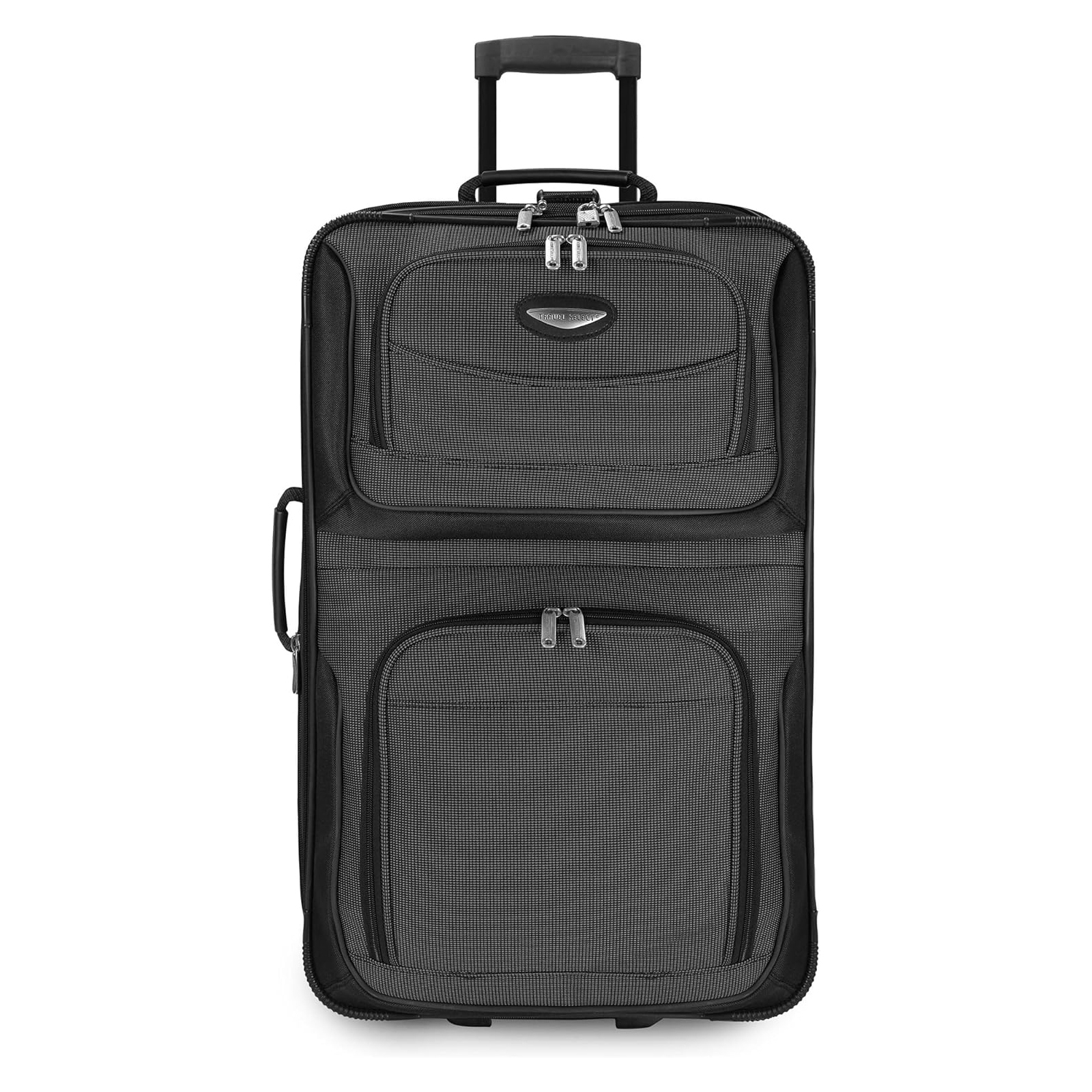 Travel Select 25\“ Upright Roller features dual front zippered pockets, a retractable handle, and four spinner wheels for easy maneuverability. The suitcase is black with a textured design, offering durability and functional storage.