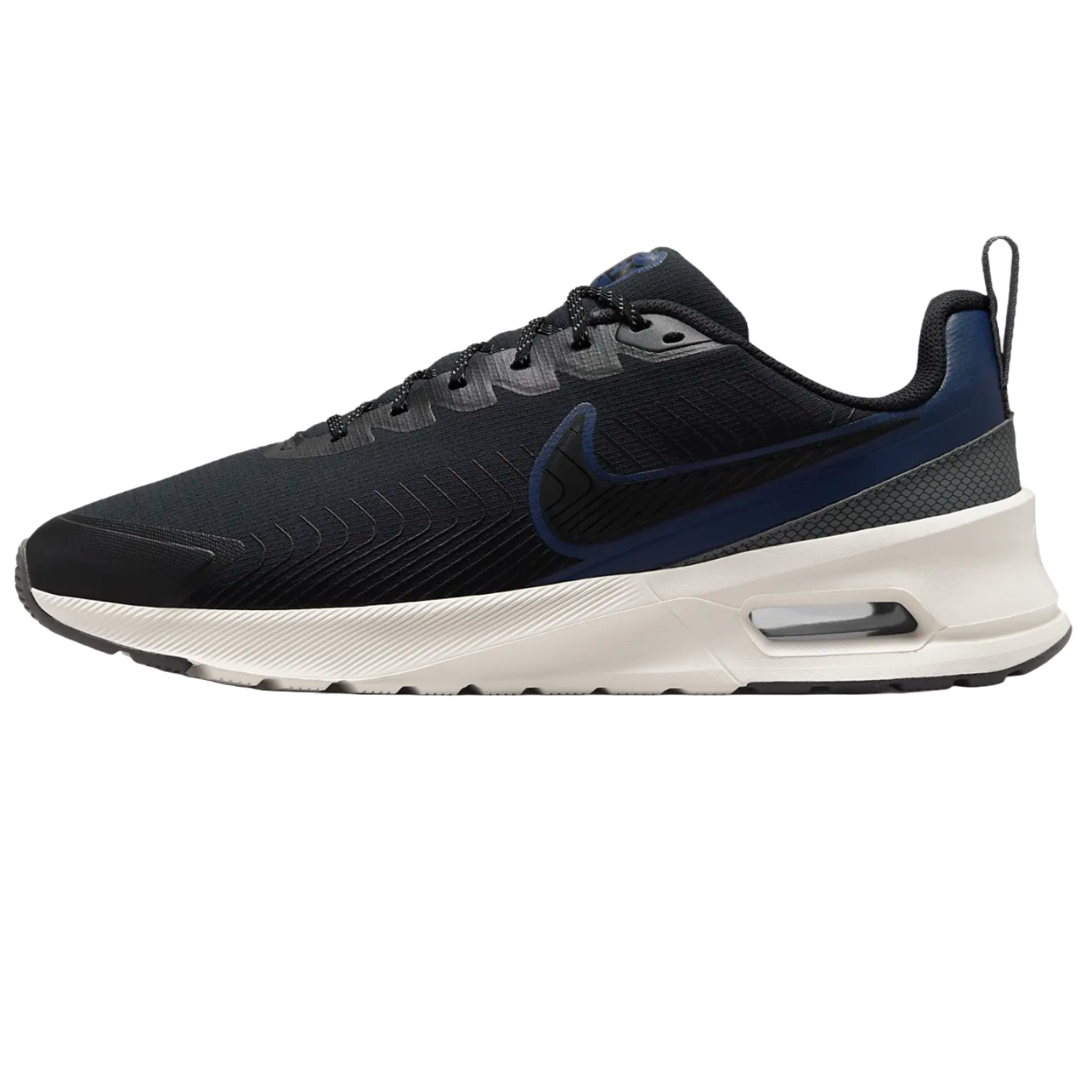 Nike Air Max Nuaxis shoes feature a sleek design with a black upper, blue swoosh, white midsole, and visible Air Max cushioning for comfort and style.