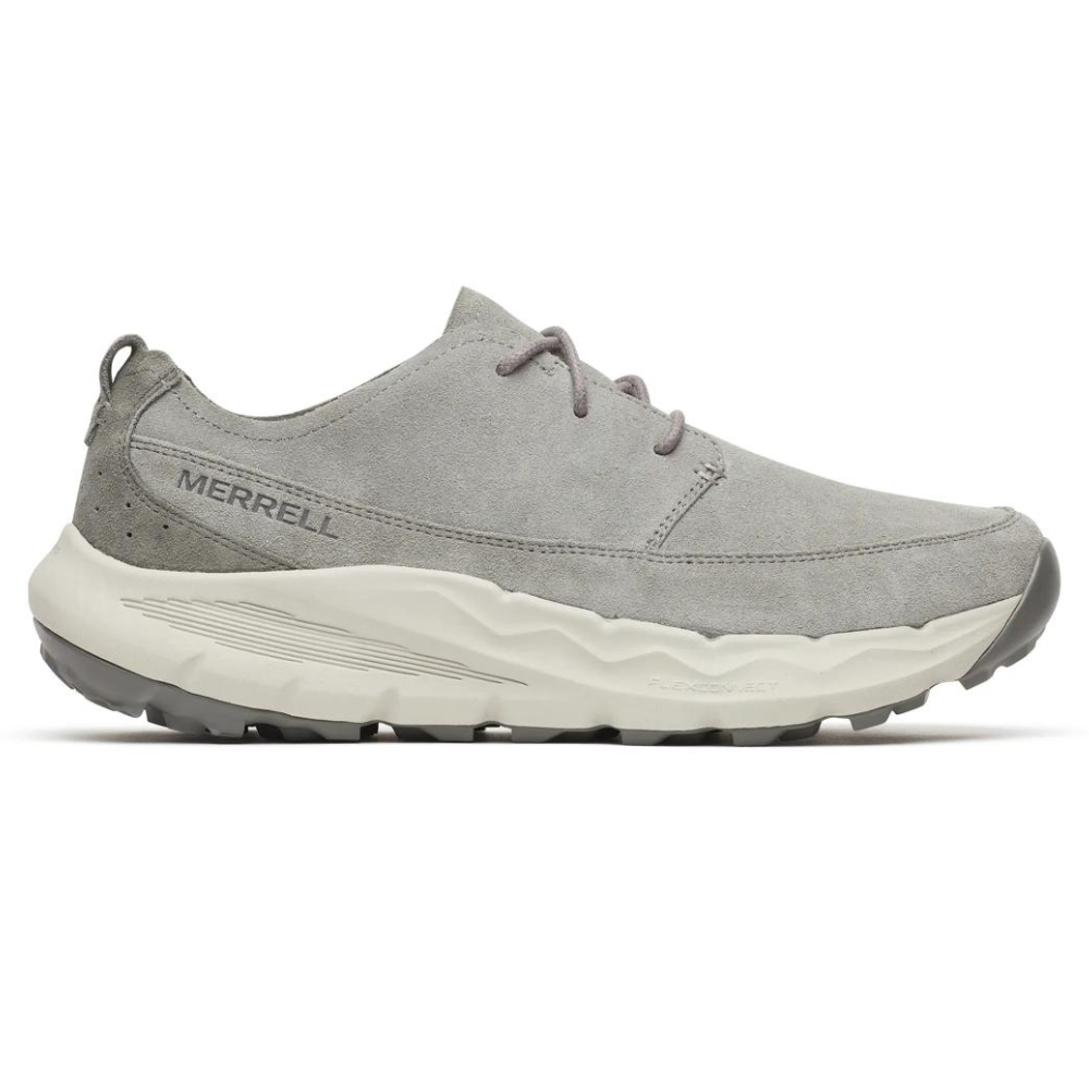 A gray Merrell sneaker with a suede upper, lace-up design, and rugged sole.