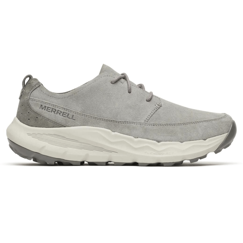 A gray Merrell sneaker with a suede upper, lace-up design, and rugged sole.