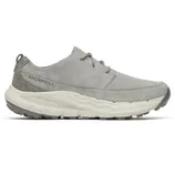 A gray Merrell sneaker with a suede upper, lace-up design, and rugged sole.