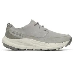 A gray Merrell sneaker with a suede upper, lace-up design, and rugged sole.