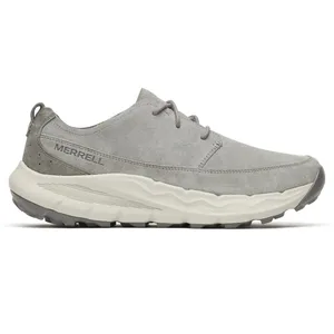 A gray Merrell sneaker with a suede upper, lace-up design, and rugged sole.