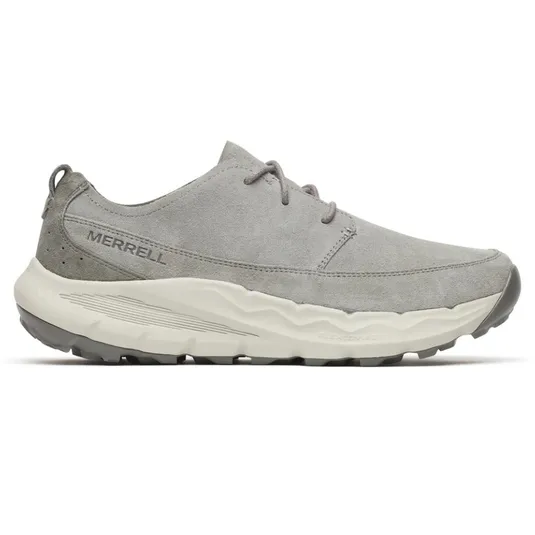 A gray Merrell sneaker with a suede upper, lace-up design, and rugged sole.