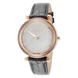 Swarovski watch with a rose gold-tone case, sparkling crystal-studded dial, and black textured leather strap. Swiss-made design.