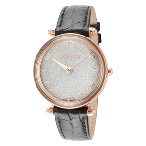 Swarovski watch with a rose gold-tone case, sparkling crystal-studded dial, and black textured leather strap. Swiss-made design.