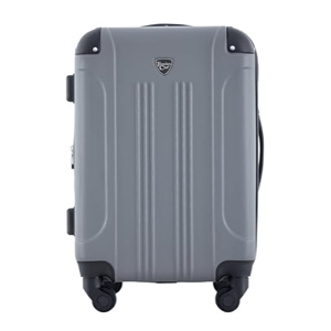 A gray hard-shell suitcase with four spinner wheels and a top handle, featuring a small badge logo on the front.