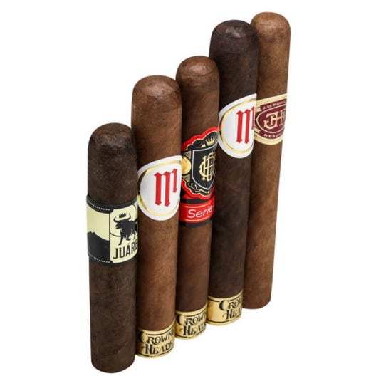 Five cigars with various colored bands and labels are vertically aligned, showcasing different blends and brands.