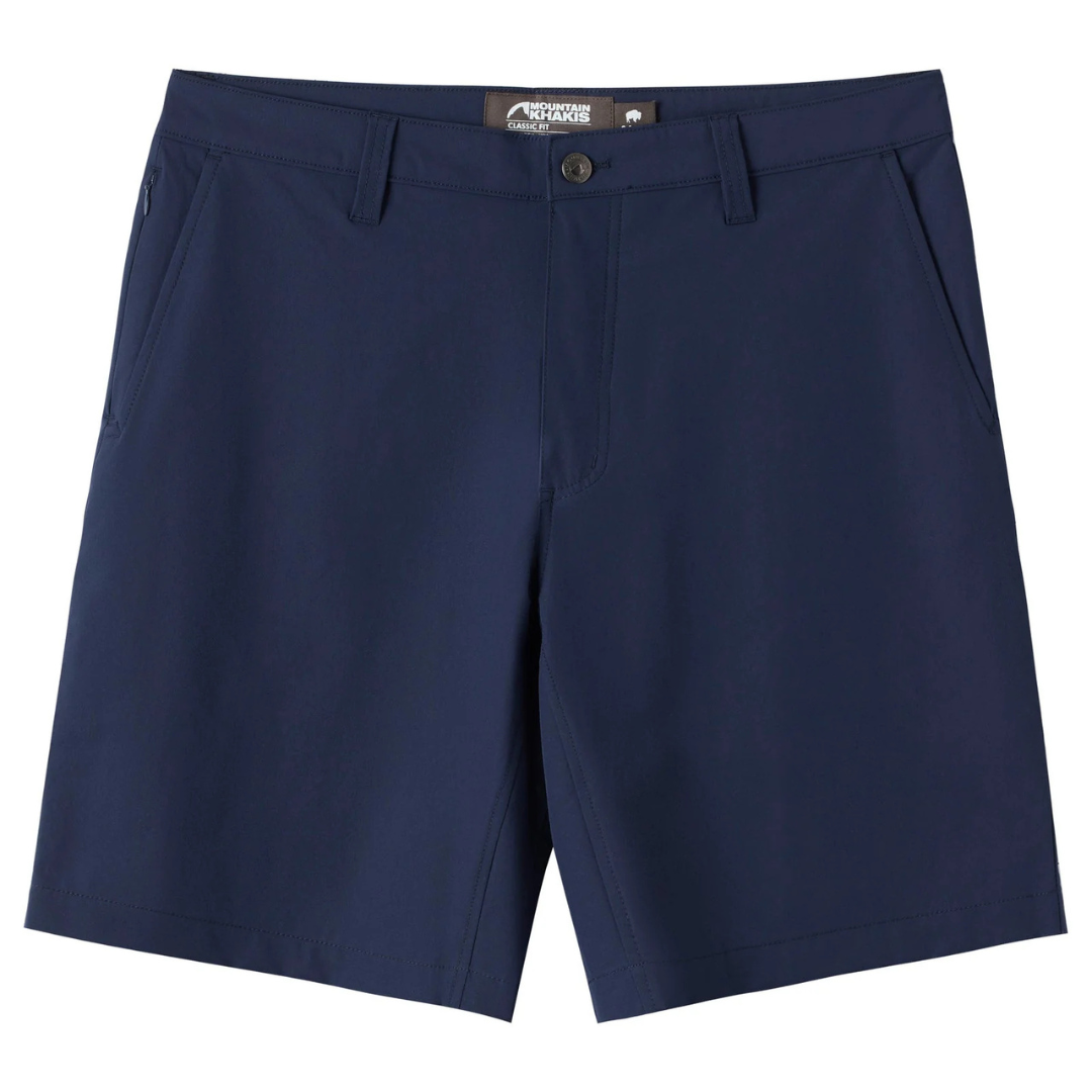 Navy blue shorts with a button closure, belt loops, and side pockets.