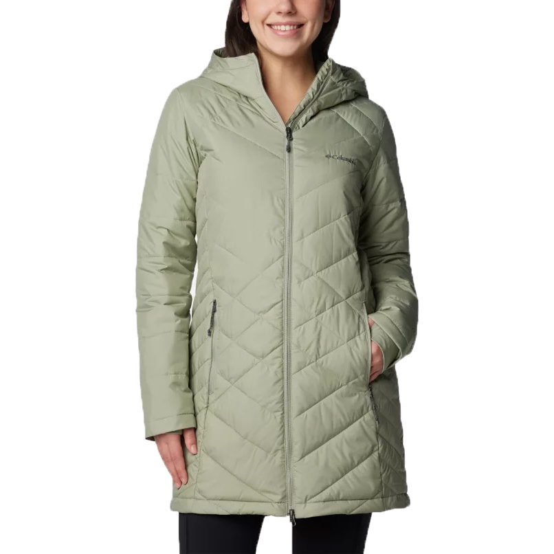 A light green hooded parka by Columbia featuring a quilted design with a full front zipper and zippered pockets.