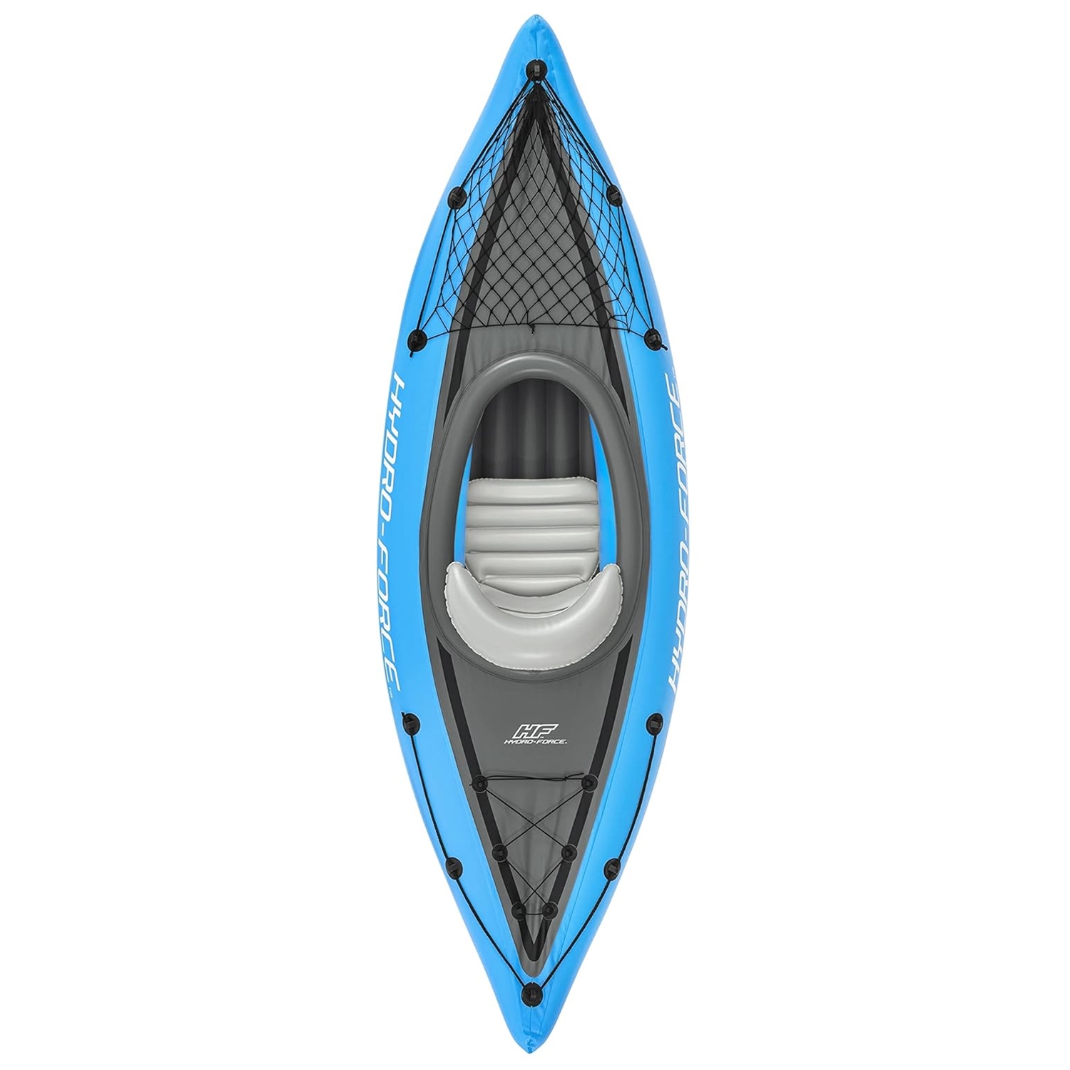 Bestway 1-Person Inflatable Kayak, blue and gray, features a streamlined design with a seat and backrest, storage net on the front, and \“Hydro-Force\“ branding on the sides.