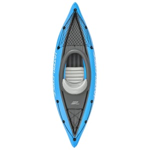 Bestway 1-Person Inflatable Kayak, blue and gray, features a streamlined design with a seat and backrest, storage net on the front, and \“Hydro-Force\“ branding on the sides.