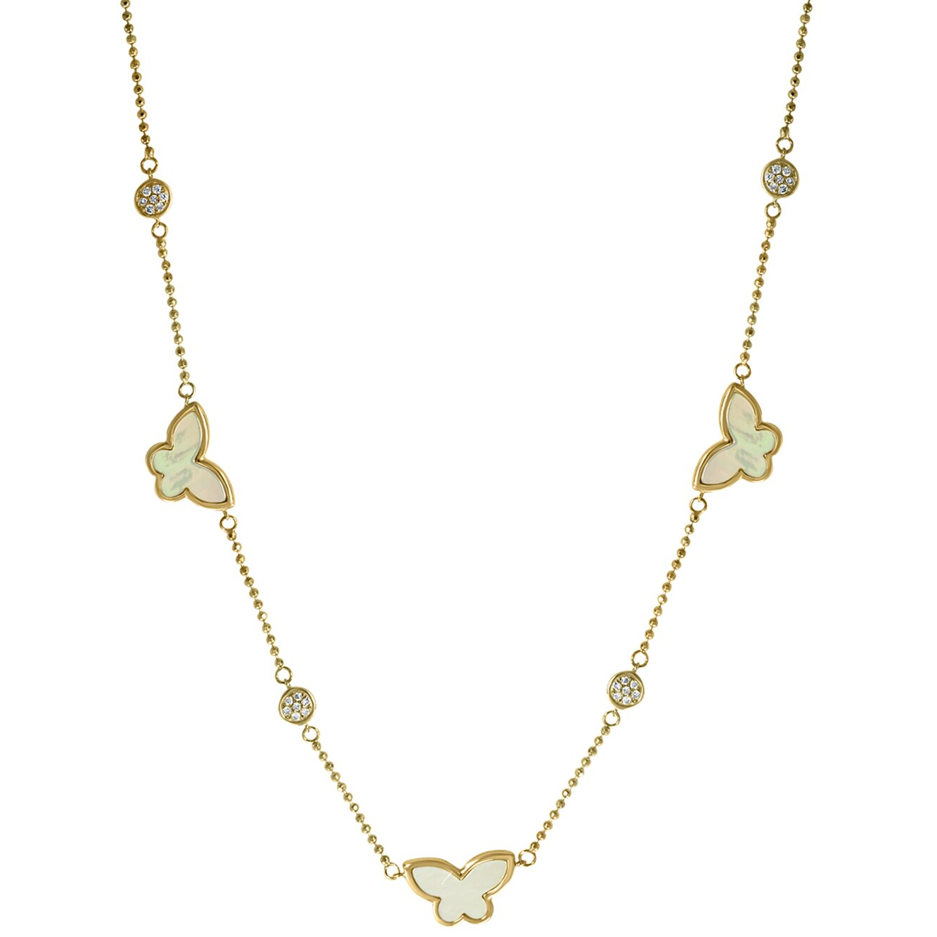 A delicate gold necklace featuring butterfly-shaped pendants and round accents with embedded crystals, arranged along a beaded chain.