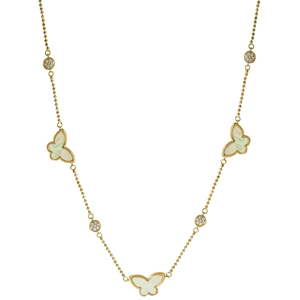 A delicate gold necklace featuring butterfly-shaped pendants and round accents with embedded crystals, arranged along a beaded chain.