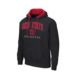 Black Ohio State Buckeyes hoodie with red lettering and accents, featuring the team's logo and name on the front.