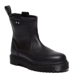 Black Anistone Lo Leather Biker Boots featuring a mid-calf height, sleek leather design, reinforced stitching, pull tabs, and a chunky treaded sole for durability and style.