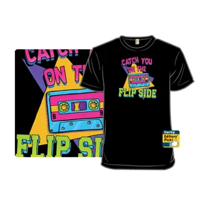A black T-shirt features a colorful retro design of a cassette tape with the phrase \“Catch You On The Flip Side,\“ accompanied by a Derby Editors' Pick badge.