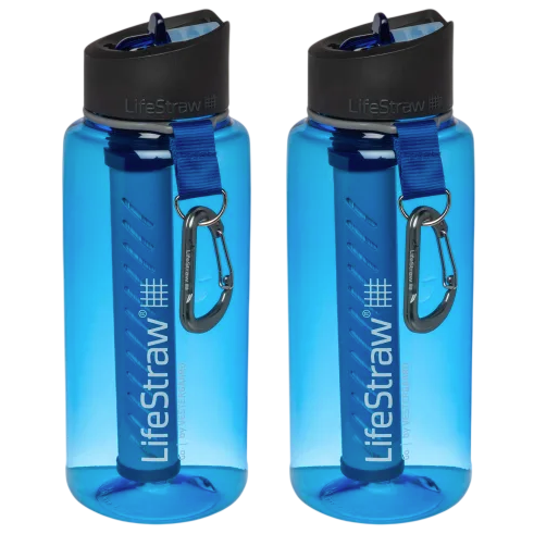 Two blue LifeStraw water bottles with built-in filters and black caps, each featuring a blue carrying strap with a carabiner.