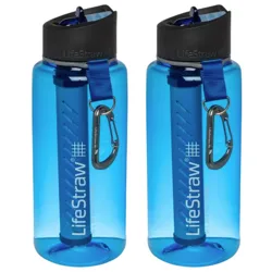 Two blue LifeStraw water bottles with built-in filters and black caps, each featuring a blue carrying strap with a carabiner.